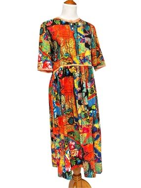 Fenlanse Multicolor Abstract Art Print Midi Dress, Large, Floral Print Bold
